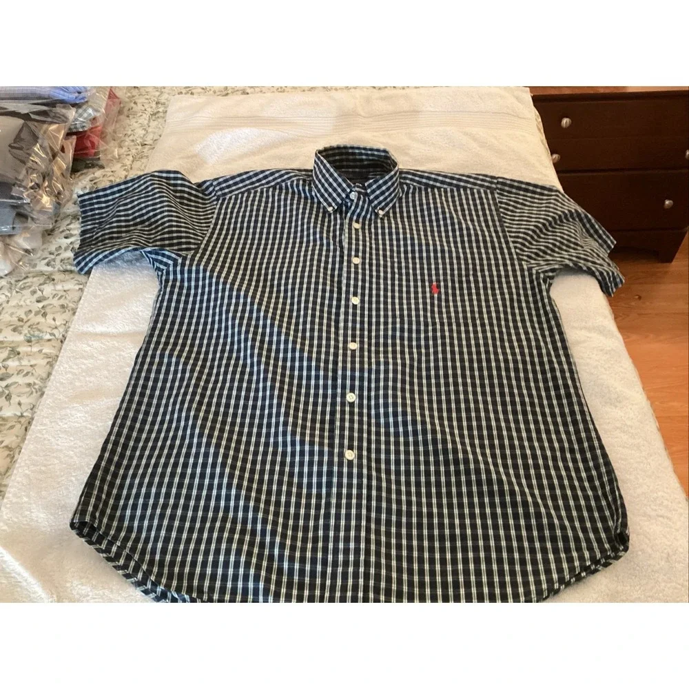 Ralph Lauren Boys Blue White Plaid S Sleeve Button Up Shirt Size XL Red Pony Vtg